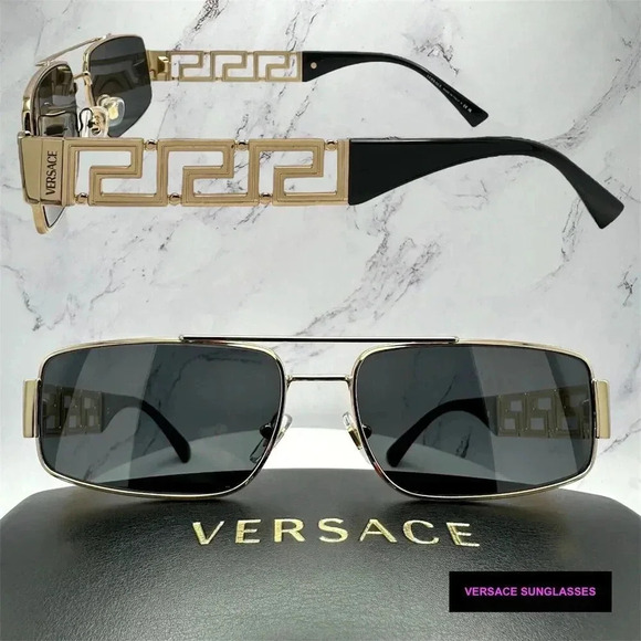 Versace Sunglasses Gold Rectangle Metal Logo Black Retro Italy 100% Authentic - Picture 15 of 16